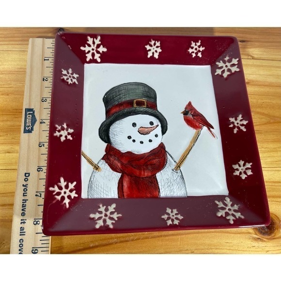 Vintage St Nicholas Square Yuletide SNOWMAN Cardinal Plate Candy Dish Decor 8.5” - Picture 6 of 6
